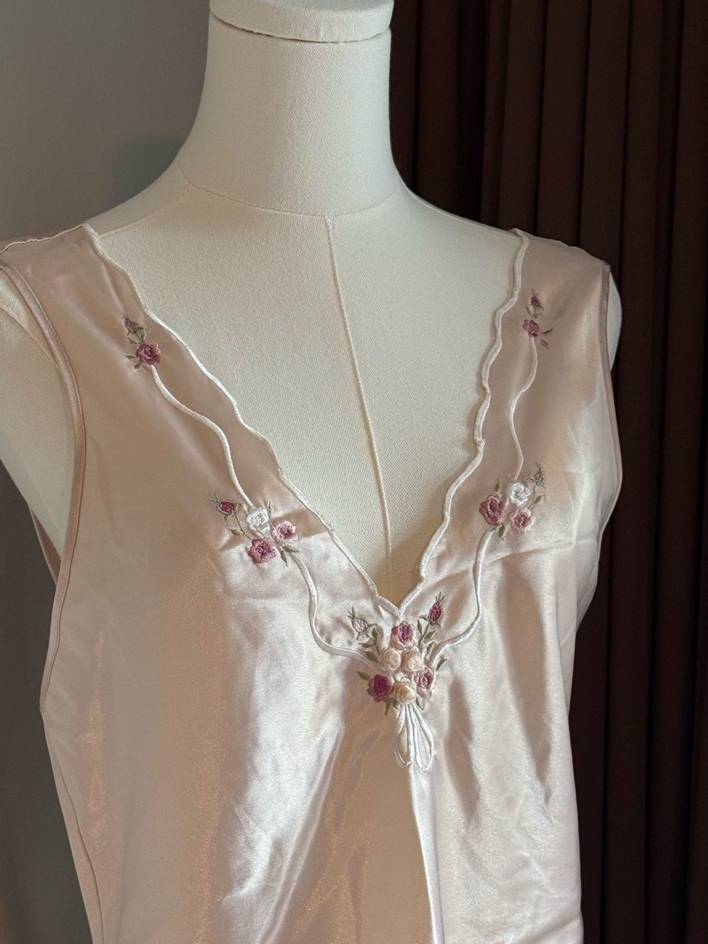 Gilligan & O'Malley Pale Pink Satin V-Neck Chemise with Rose Embroidery